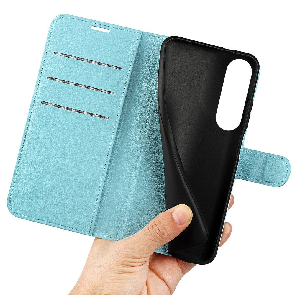 Sony Xperia 1 V Litchi Mobil Flip Cover m. Pung - Lyseblå