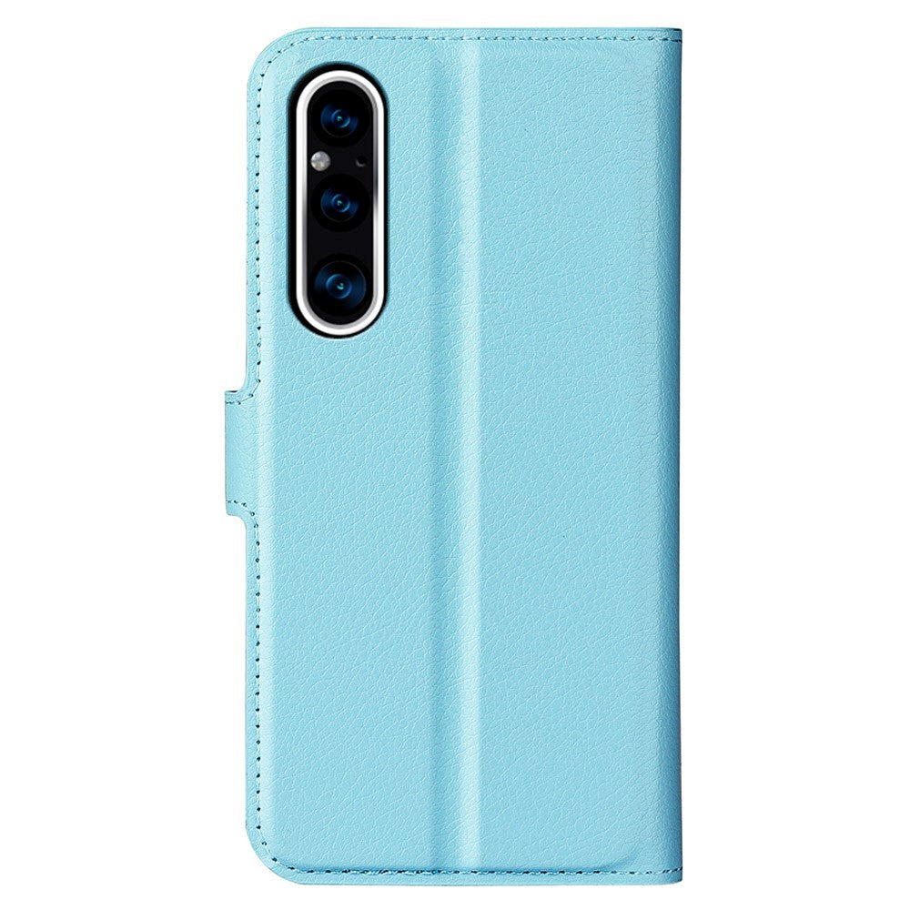 Sony Xperia 1 V Litchi Mobil Flip Cover m. Pung - Lyseblå