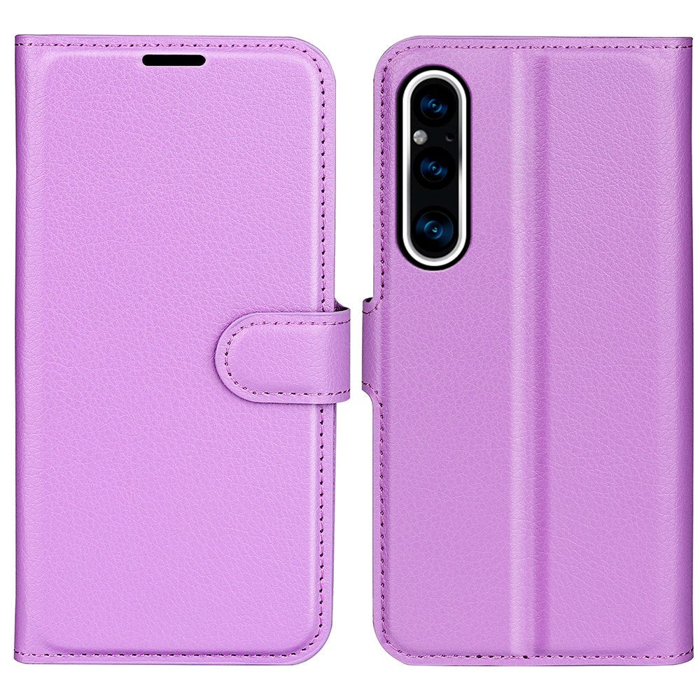 Sony Xperia 1 V Litchi Læder Mobil Cover m. Pung - Lilla