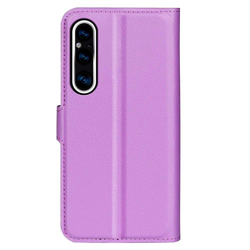 Sony Xperia 1 V Litchi Læder Mobil Cover m. Pung - Lilla