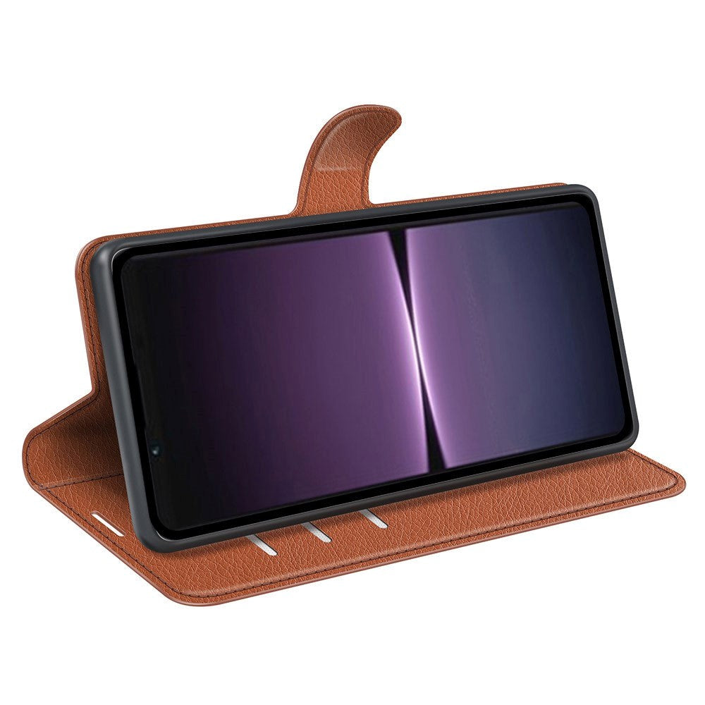 Sony Xperia 1 V Litchi Læder Mobil Cover m. Pung - Brun