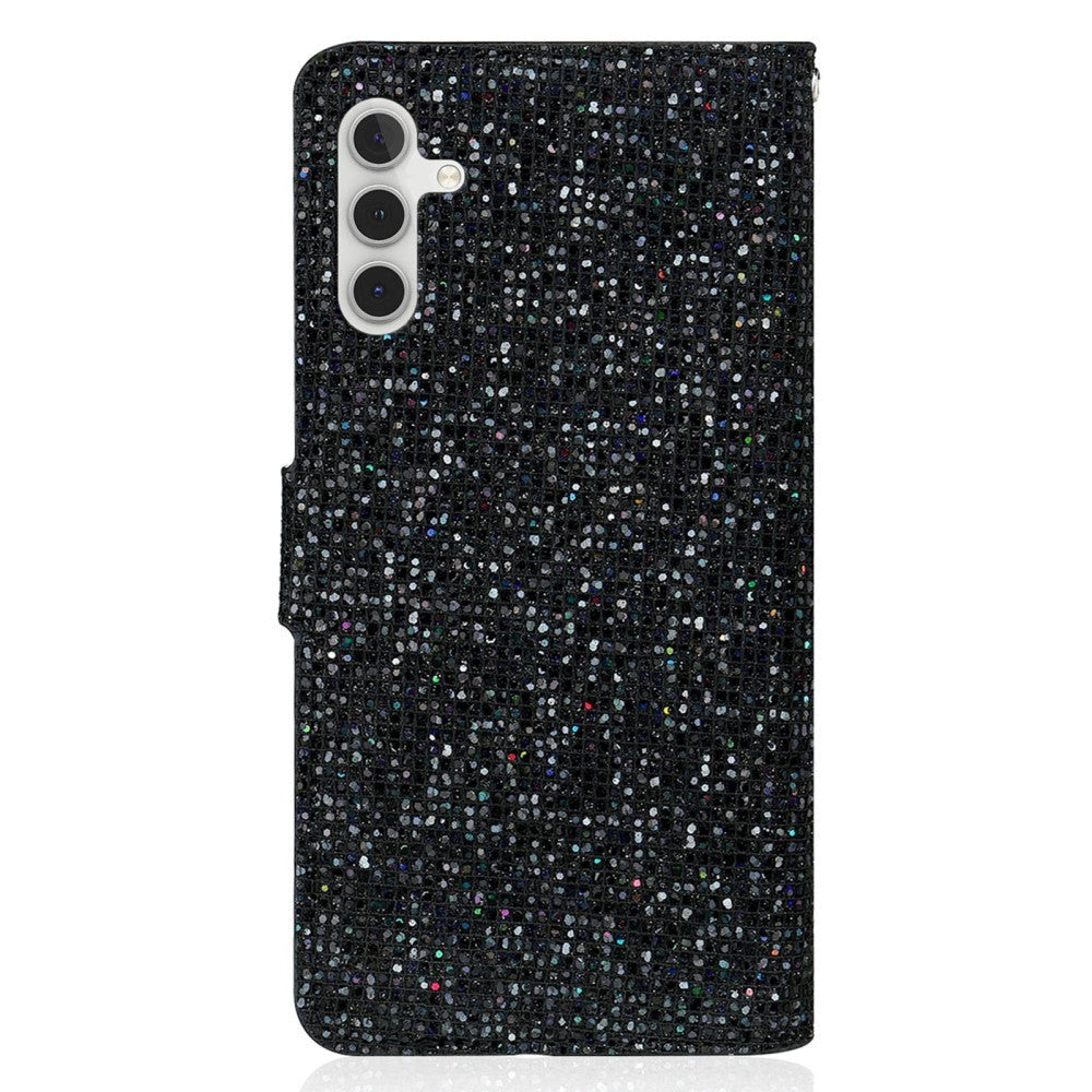 Samsung Galaxy A24 Læder Mobil Cover m. Pung & Strop - Glitter Design - Sort