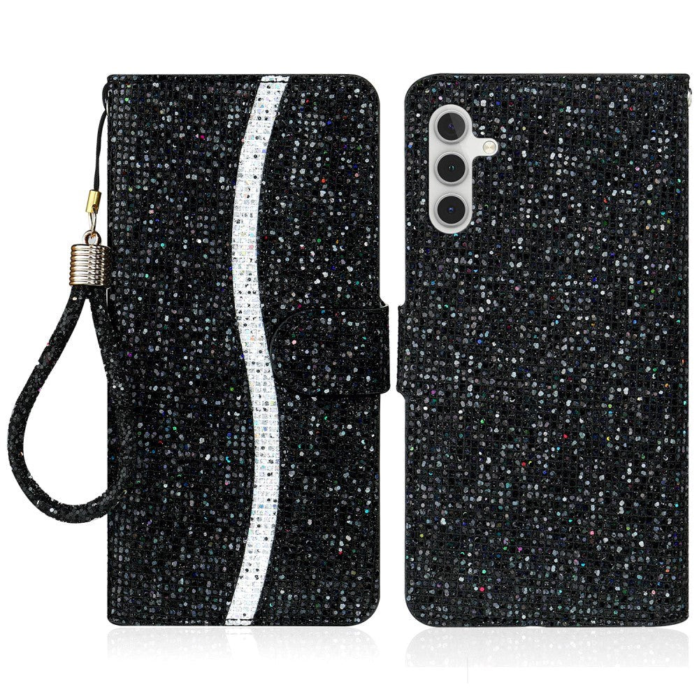 Samsung Galaxy A24 Læder Mobil Cover m. Pung & Strop - Glitter Design - Sort