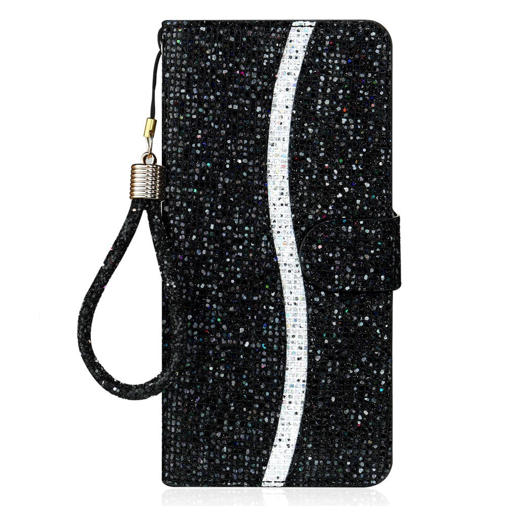 Samsung Galaxy A24 Læder Mobil Cover m. Pung & Strop - Glitter Design - Sort