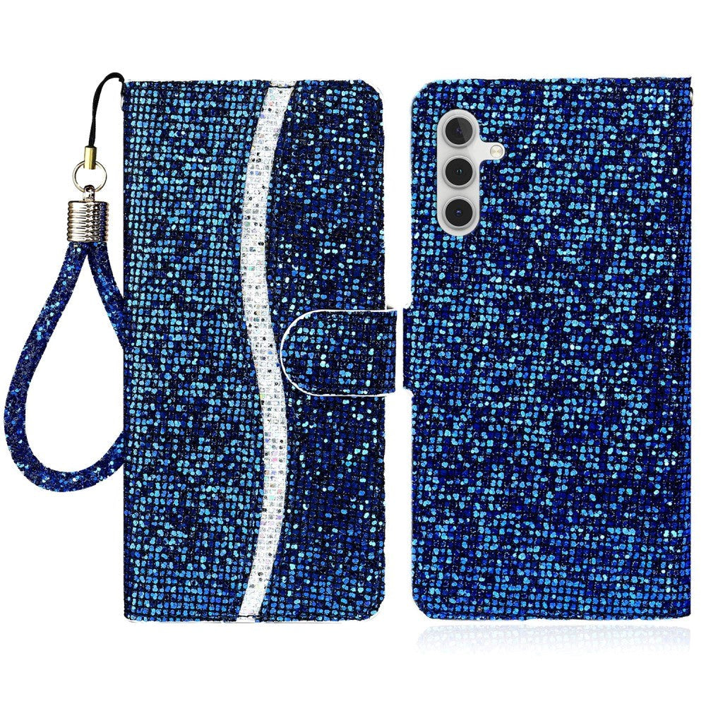 Samsung Galaxy A24 Læder Mobil Cover m. Pung & Strop - Glitter Design - Blå