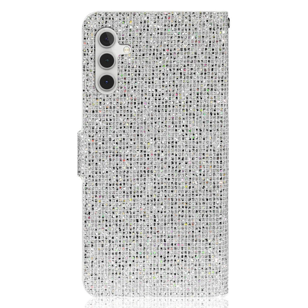 Samsung Galaxy A24 Læder Mobil Cover m. Pung & Strop - Glitter Design - Sølv