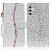 Samsung Galaxy A24 Læder Mobil Cover m. Pung & Strop - Glitter Design - Sølv