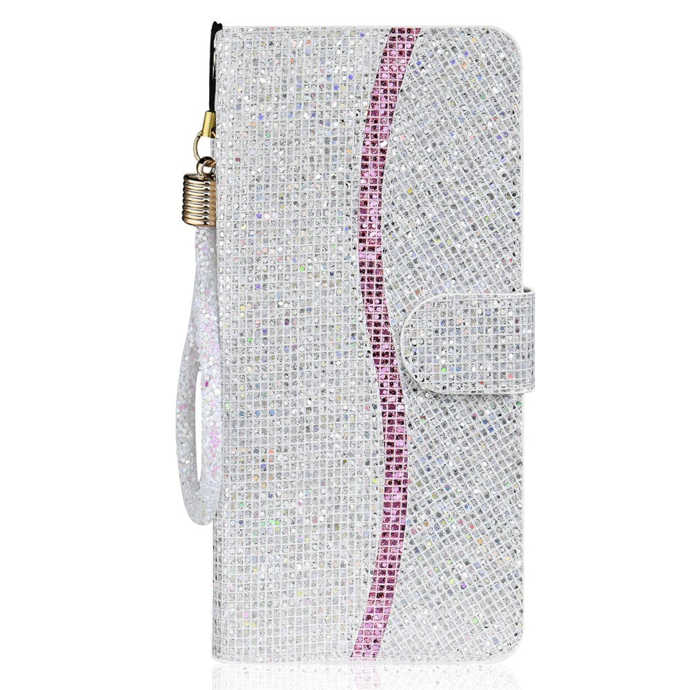 Samsung Galaxy A24 Læder Mobil Cover m. Pung & Strop - Glitter Design - Sølv