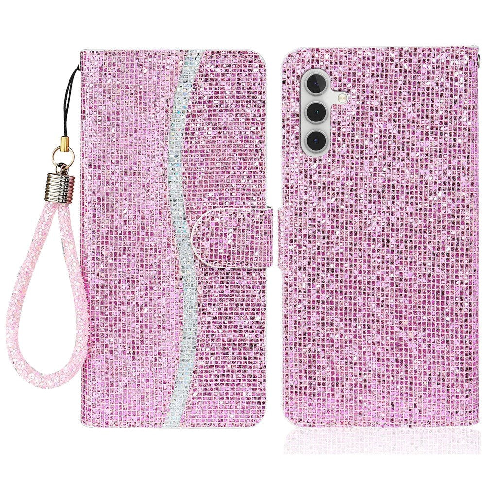 Samsung Galaxy A24 Læder Mobil Cover m. Pung & Strop - Glitter Design - Lyserød