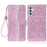 Samsung Galaxy A24 Læder Mobil Cover m. Pung & Strop - Glitter Design - Lyserød