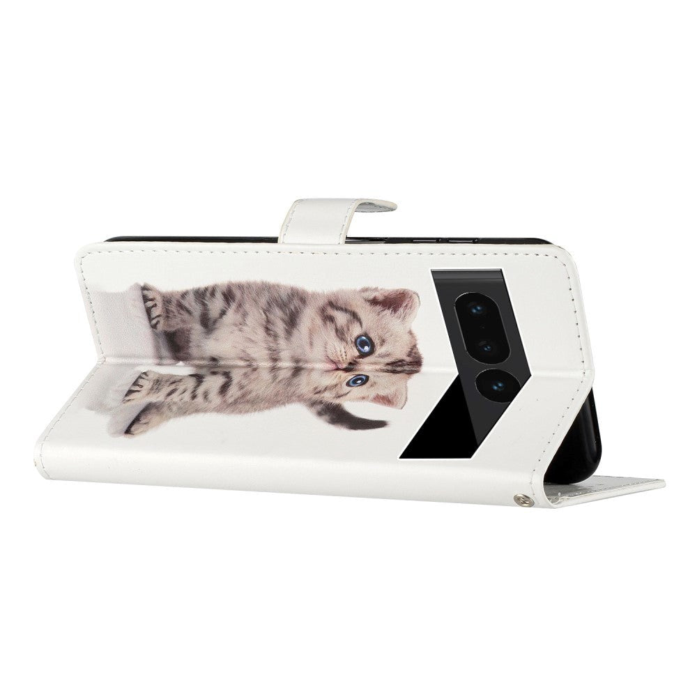 Google Pixel 7 Pro Læder Mobil Cover m. Pung og Strop - Sød Kat