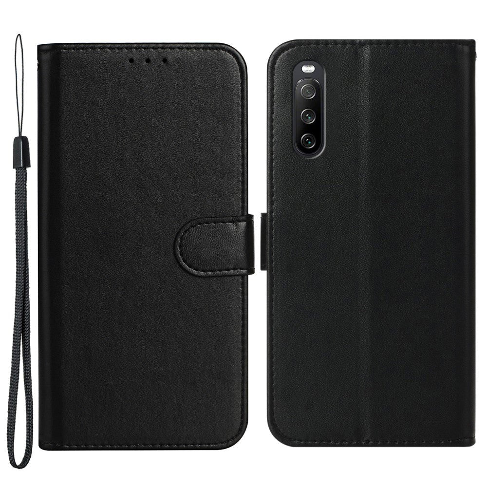 Sony Xperia 10 V Læder Flip Mobil Cover m. Pung og Strop - Sort