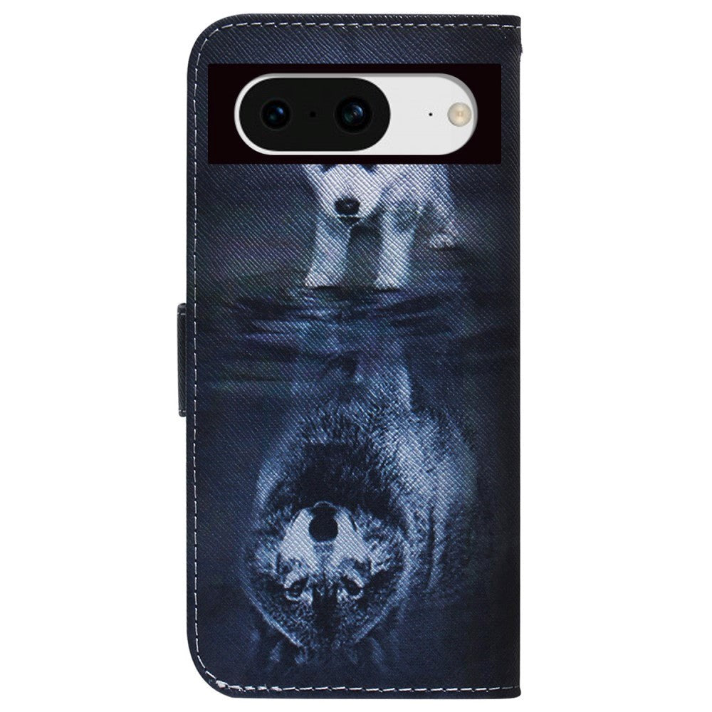 Google Pixel 8 Læder Mobil Cover m. Pung & Print - Hund & Ulv