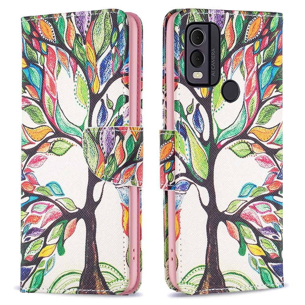 Nokia C22 Læder Mobil Cover m. Pung & Print - Farverigt Træ