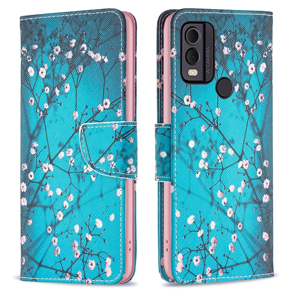 Nokia C22 Læder Mobil Cover m. Pung & Print - Træ med Blomster