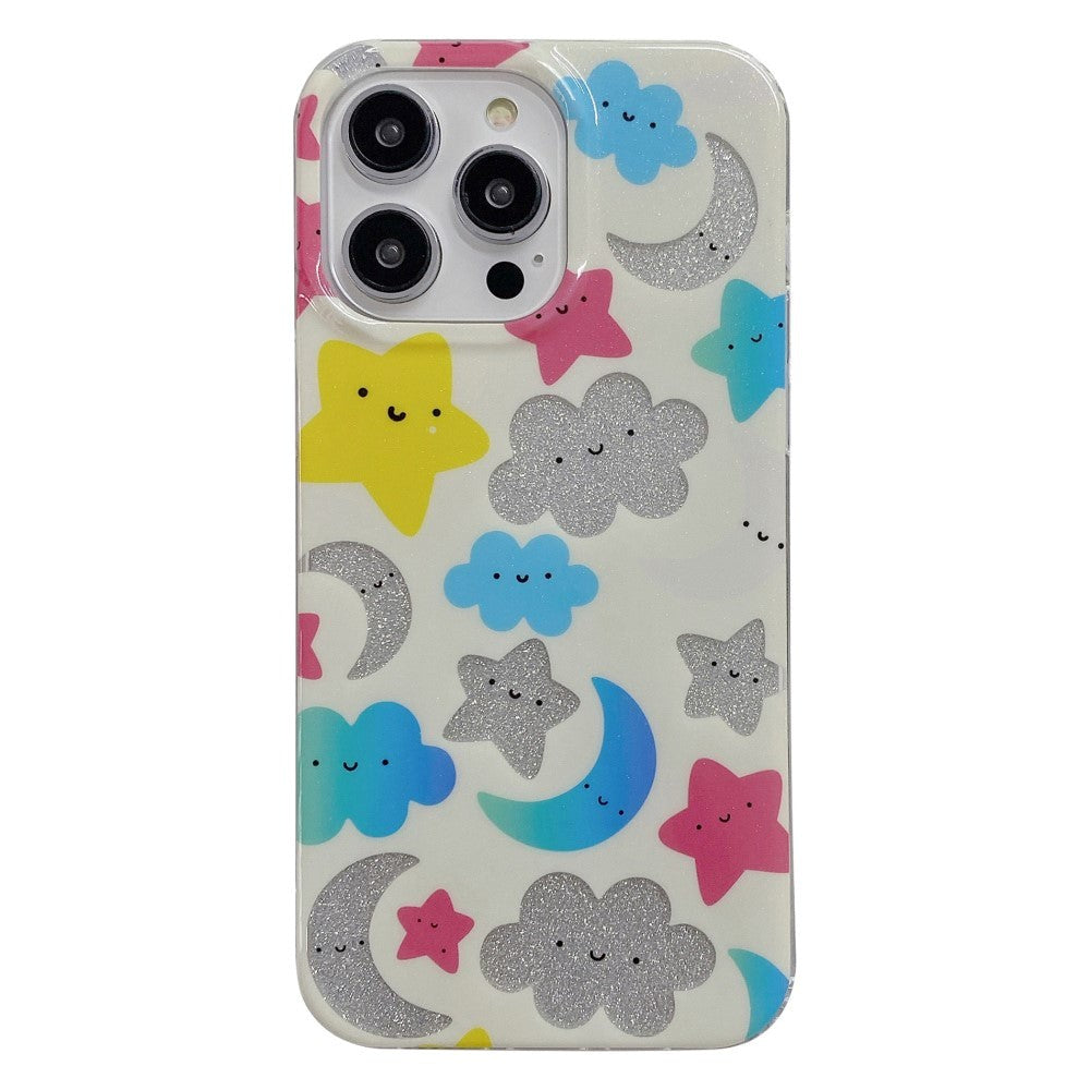 iPhone 14 Pro Glitter Plastik Mobil Cover - Hvid / Stjerner & Måner