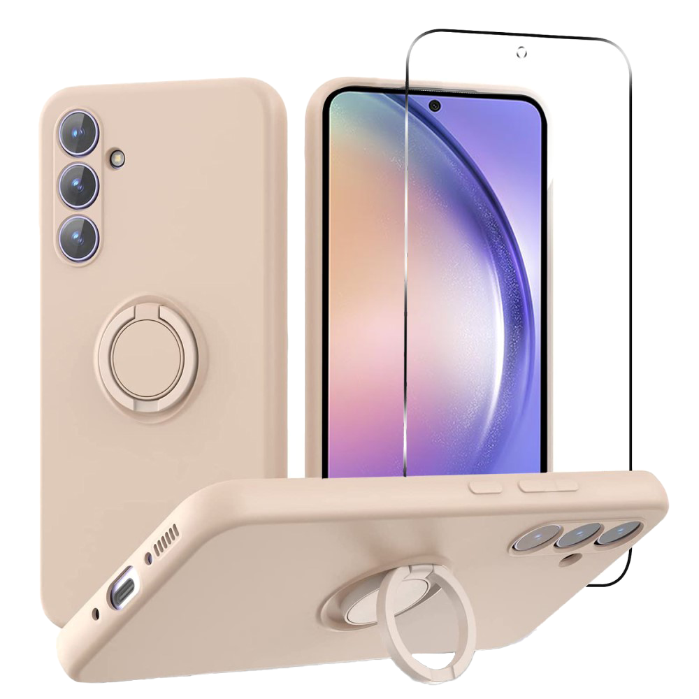 Samsung Galaxy A54 (5G) Hærdet Glas Skærmbeskyttelse + Silikone Mobil Cover med Ring Holder & Strop - Lyserød