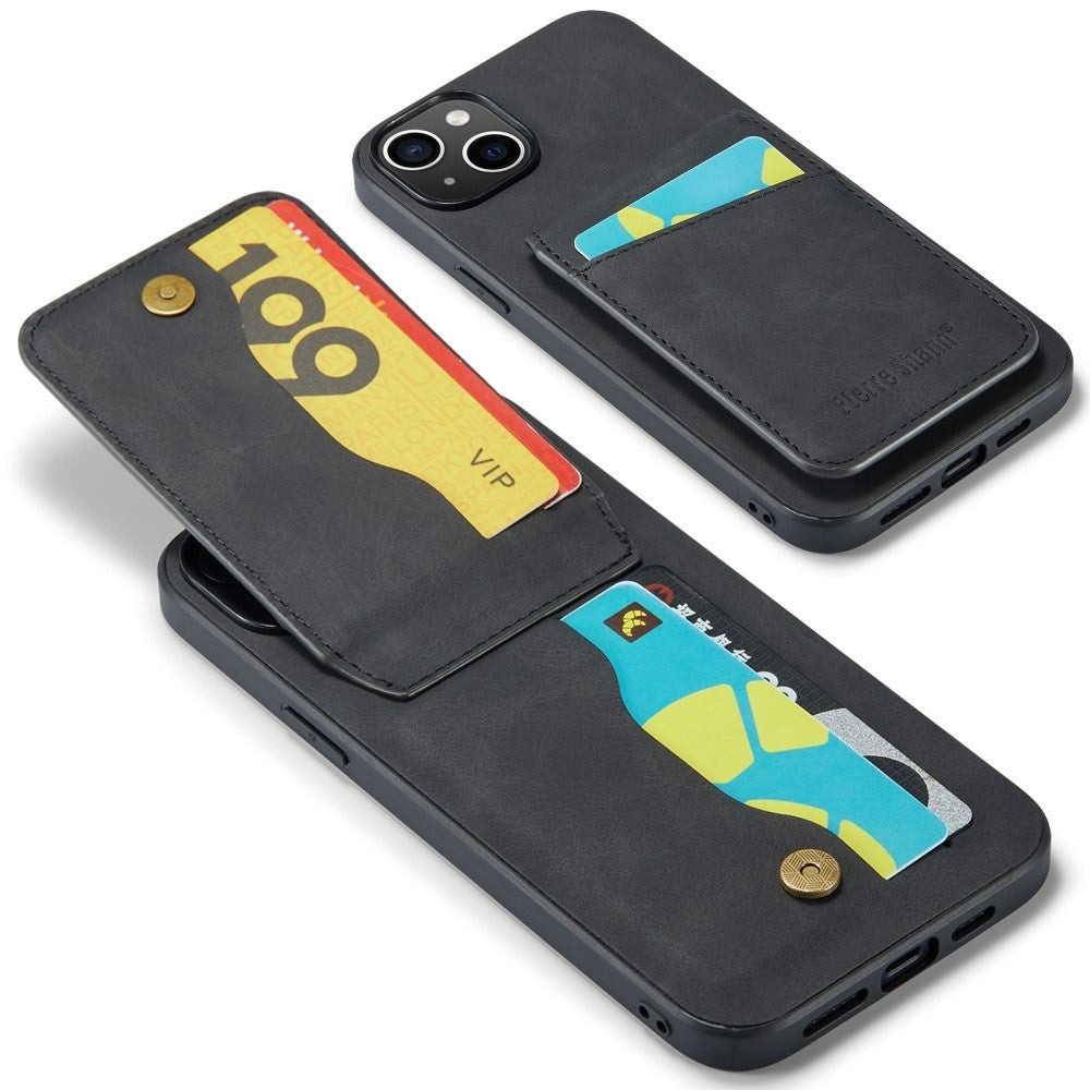 iPhone 14 Læderbelagt Plastik Mobil Cover m. Kortholdere og Ståfunktion - Sort