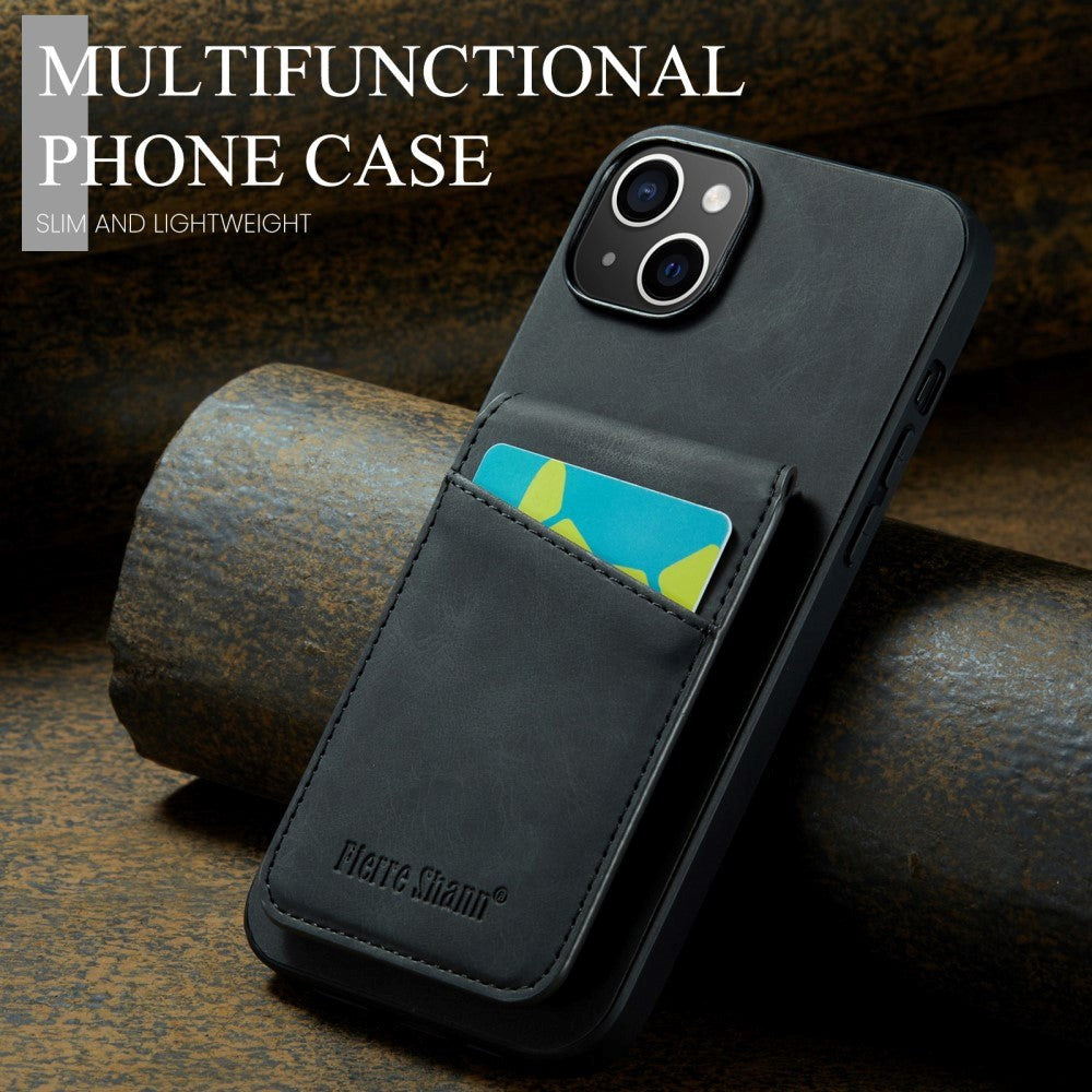 iPhone 14 Læderbelagt Plastik Mobil Cover m. Kortholdere og Ståfunktion - Sort