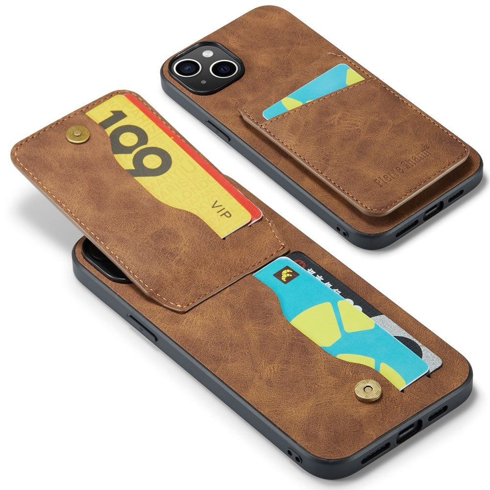 iPhone 14 Læderbelagt Plastik Mobil Cover m. Kortholdere og Ståfunktion - Brun