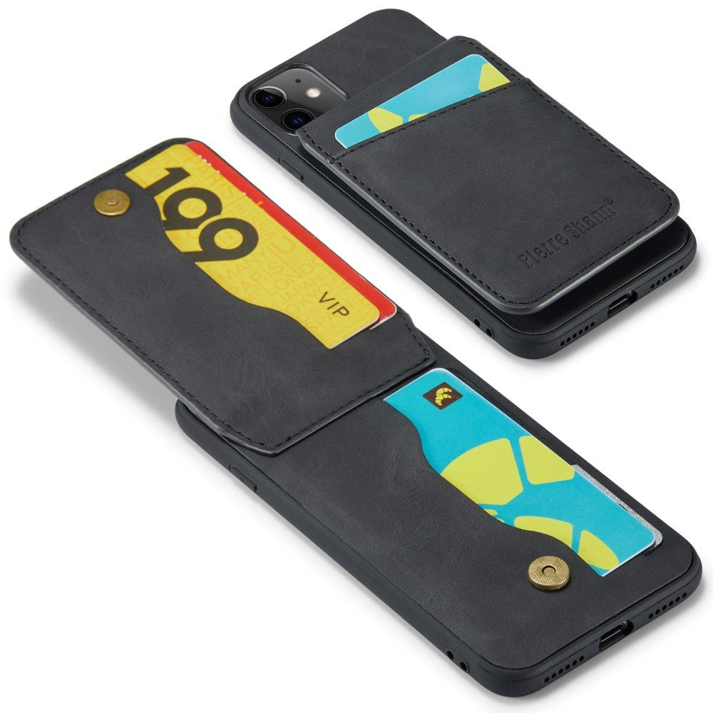 iPhone 11 Læderbelagt Plastik Mobil Cover m. Kortholdere og Ståfunktion - Sort