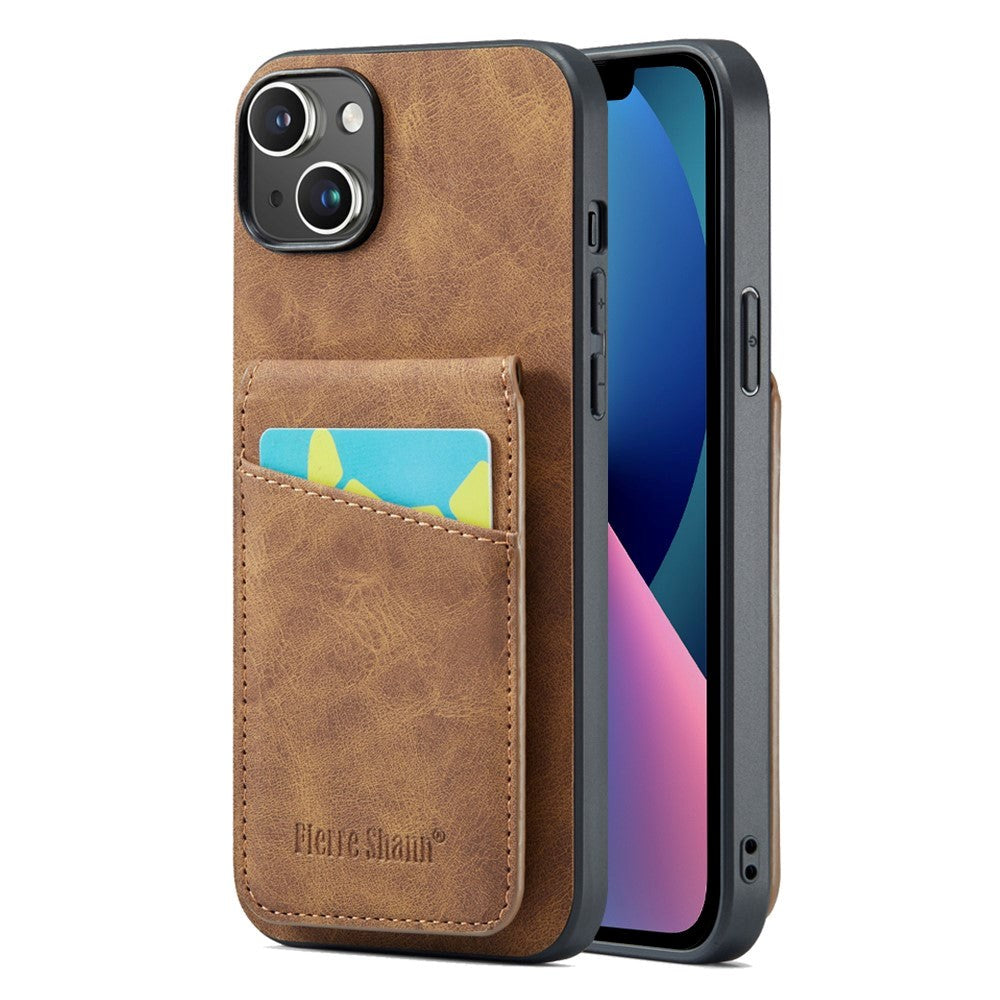 iPhone 13 Læderbelagt Plastik Mobil Cover m. Kortholdere og Ståfunktion - Brun