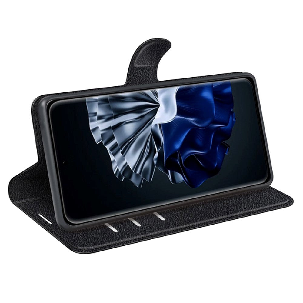 Huawei P60 Pro Litchi Læder Mobil Cover m. Pung - Sort