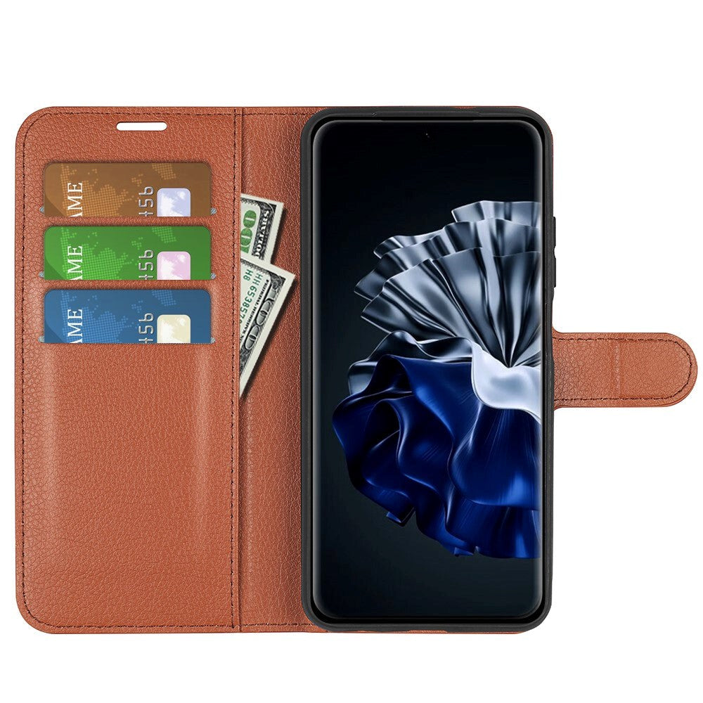 Huawei P60 Pro Litchi Læder Mobil Cover m. Pung - Brun