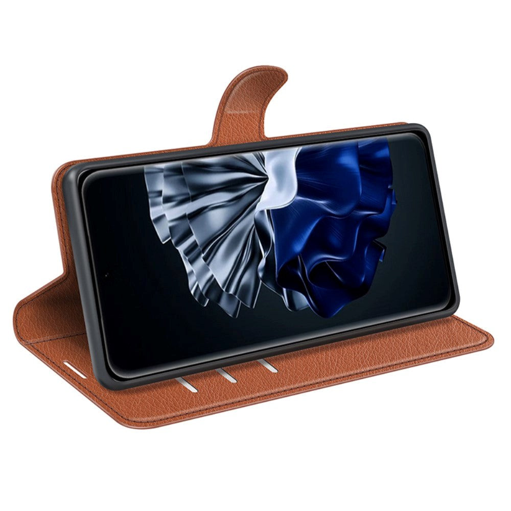 Huawei P60 Pro Litchi Læder Mobil Cover m. Pung - Brun
