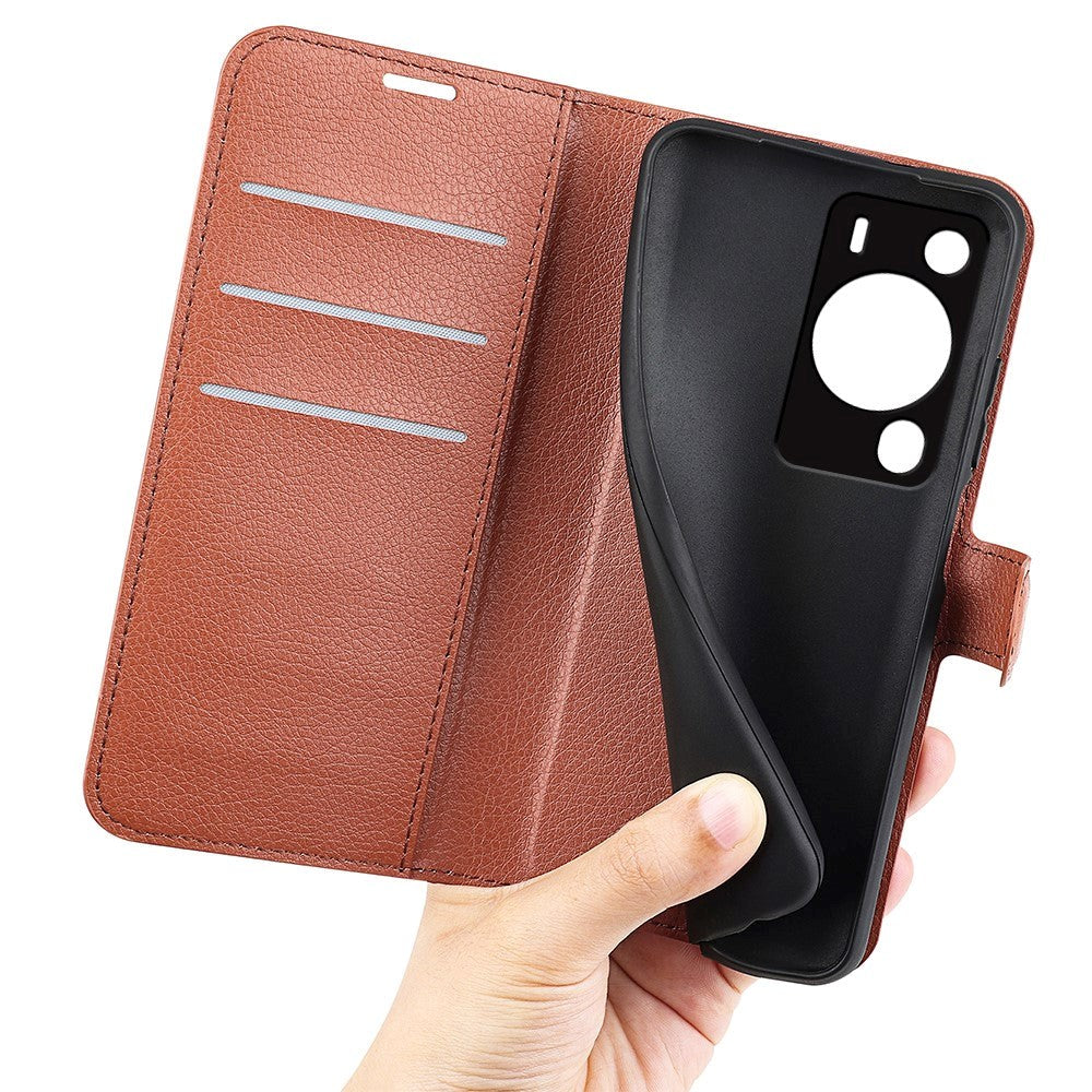 Huawei P60 Pro Litchi Læder Mobil Cover m. Pung - Brun