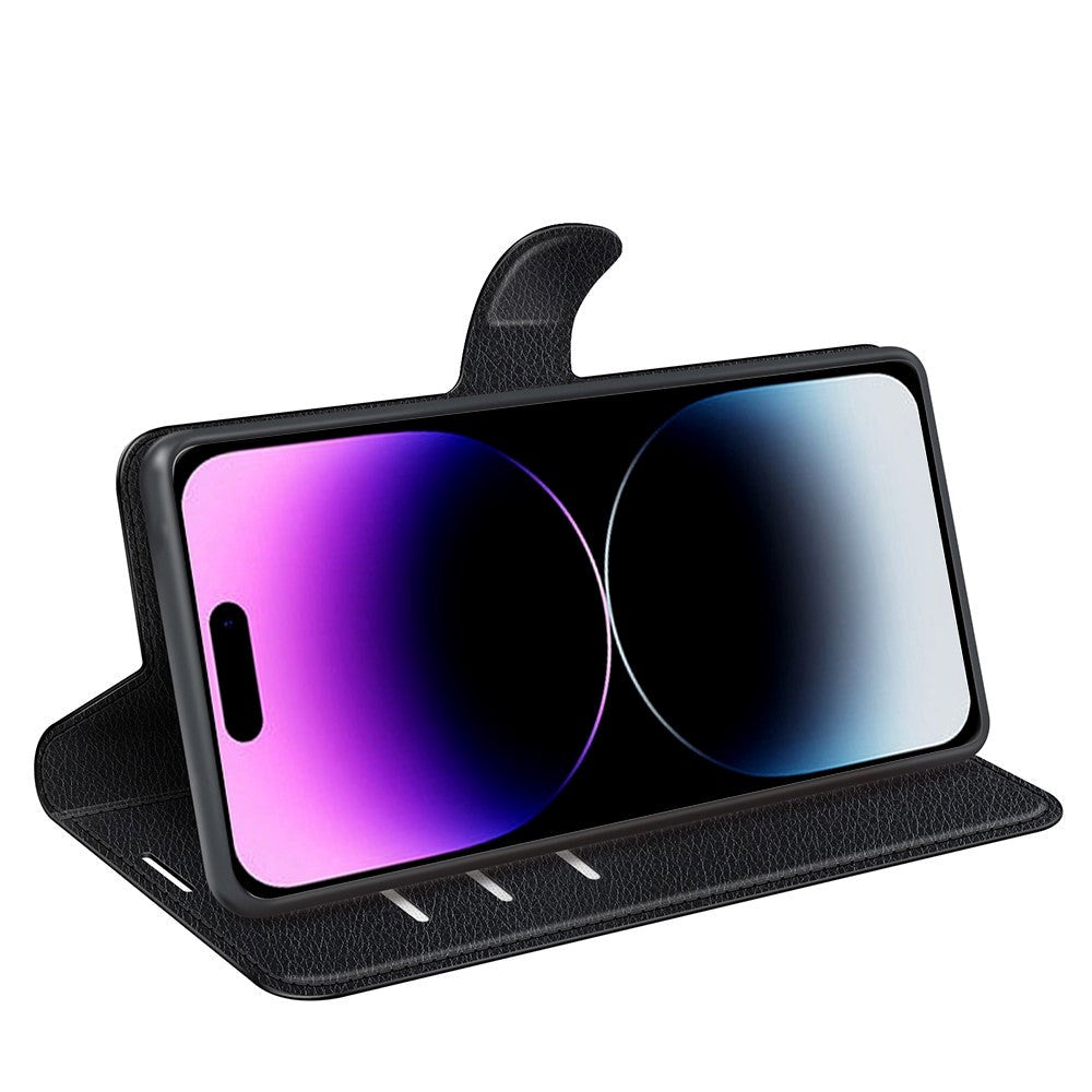 iPhone 15 Pro Max Litchi Læder Mobil Cover m. Pung - Sort