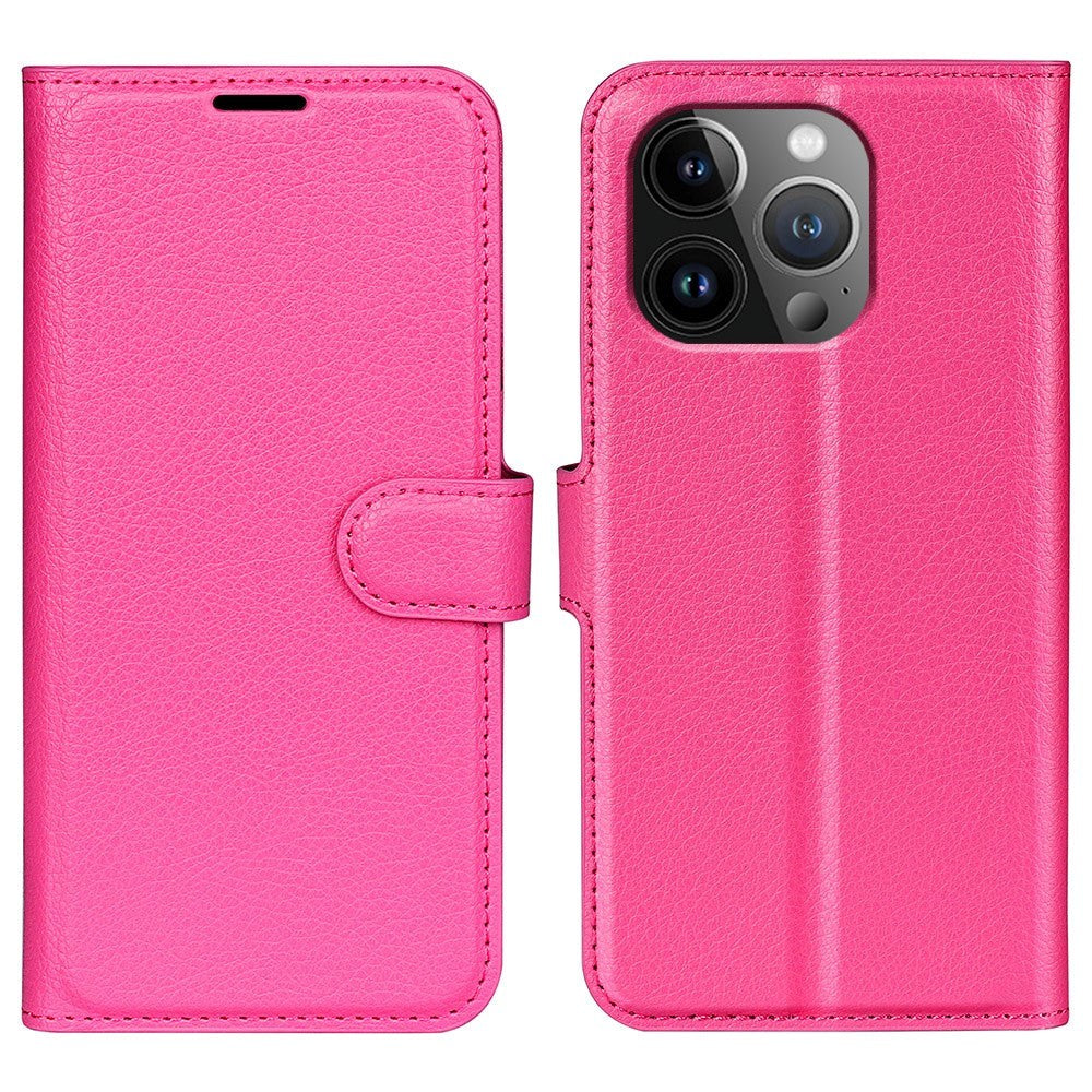 iPhone 15 Pro Max Litchi Læder Mobil Cover m. Pung - Pink