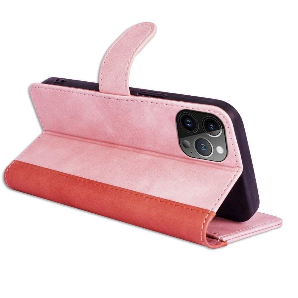 iPhone 15 Pro Multifarvet Mobil Læder Cover m. Pung - Lyserød / Rød