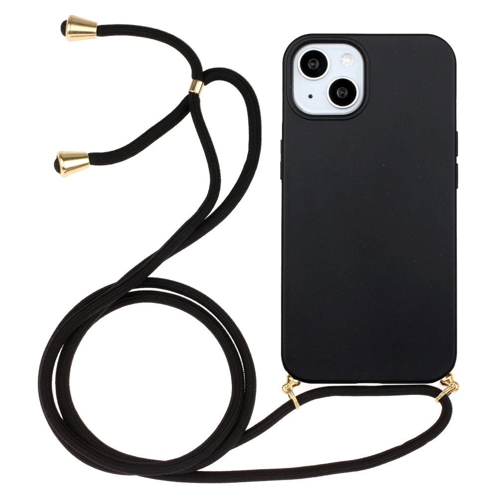 iPhone 15 Fleksibelt Plastik Mobil Cover m. Snor / Strop - Sort