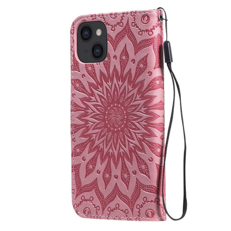 iPhone 15 Læder Mobil Cover m. Pung og Strop - Mandala Blomst - Lyserød