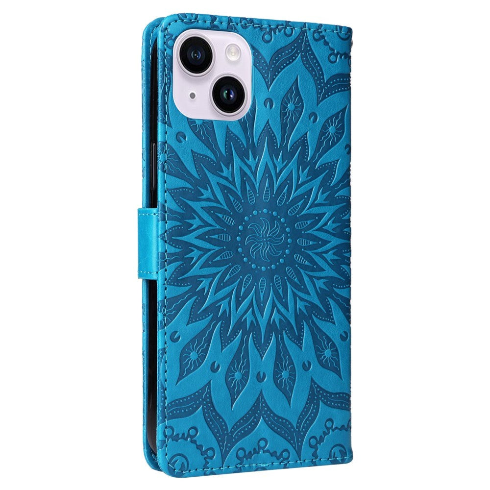 iPhone 15 Plus Læder Mobil Cover m. Pung og Strop - Mandala Blomst - Blå