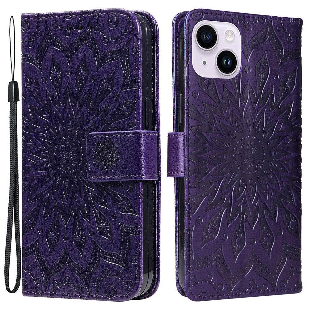 iPhone 15 Læder Mobil Cover m. Pung og Strop - Mandala Blomst - Lilla
