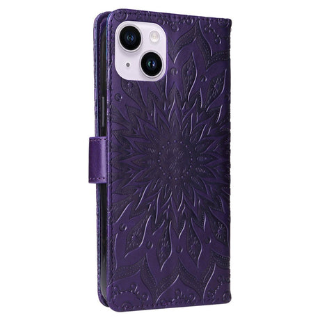 iPhone 15 Plus Læder Mobil Cover m. Pung og Strop - Mandala Blomst - Lilla