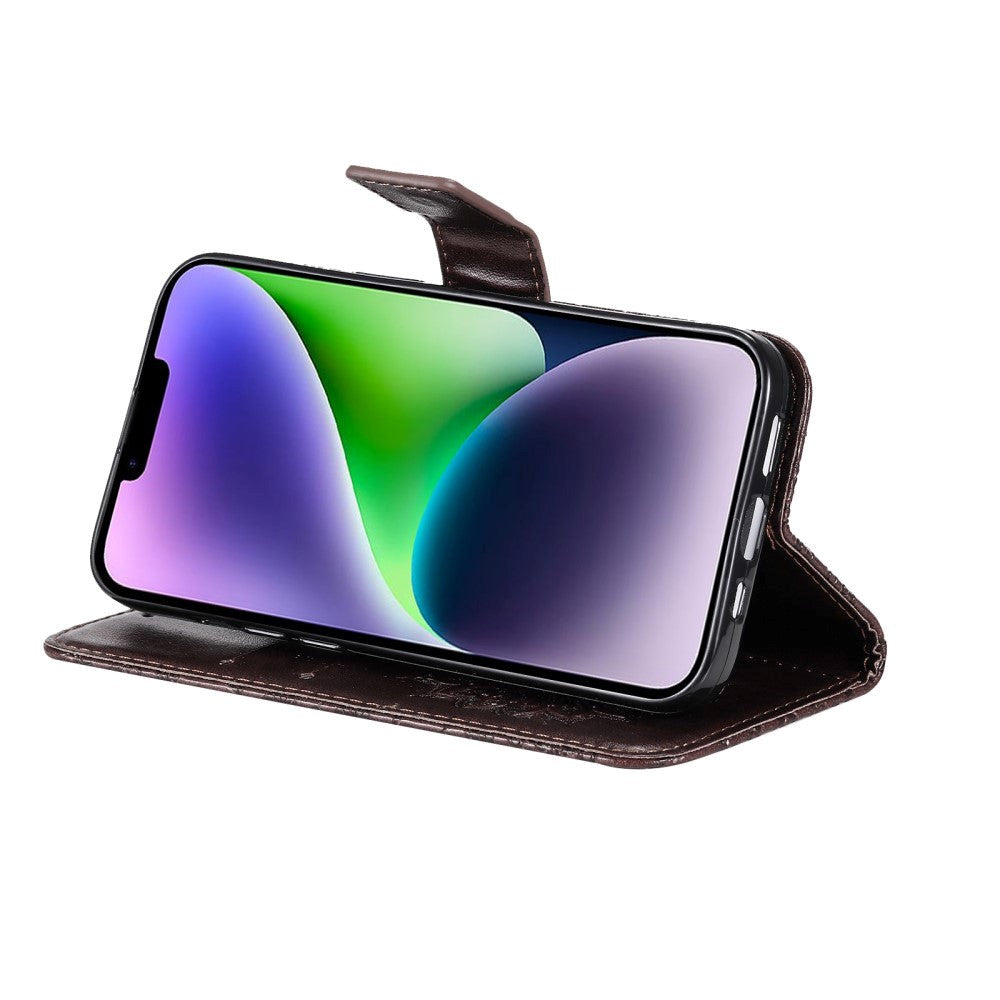 iPhone 15 Plus Læder Mobil Cover m. Pung og Strop - Mandala Blomst - Brun