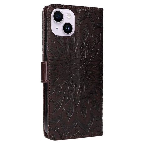 iPhone 15 Plus Læder Mobil Cover m. Pung og Strop - Mandala Blomst - Brun