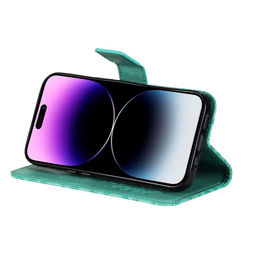 iPhone 15 Pro Max Læder Mobil Cover m. Pung og Strop - Mandala Blomst - Grøn