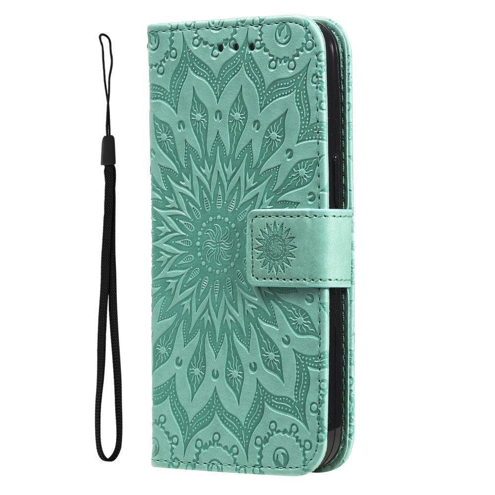 iPhone 15 Pro Max Læder Mobil Cover m. Pung og Strop - Mandala Blomst - Grøn
