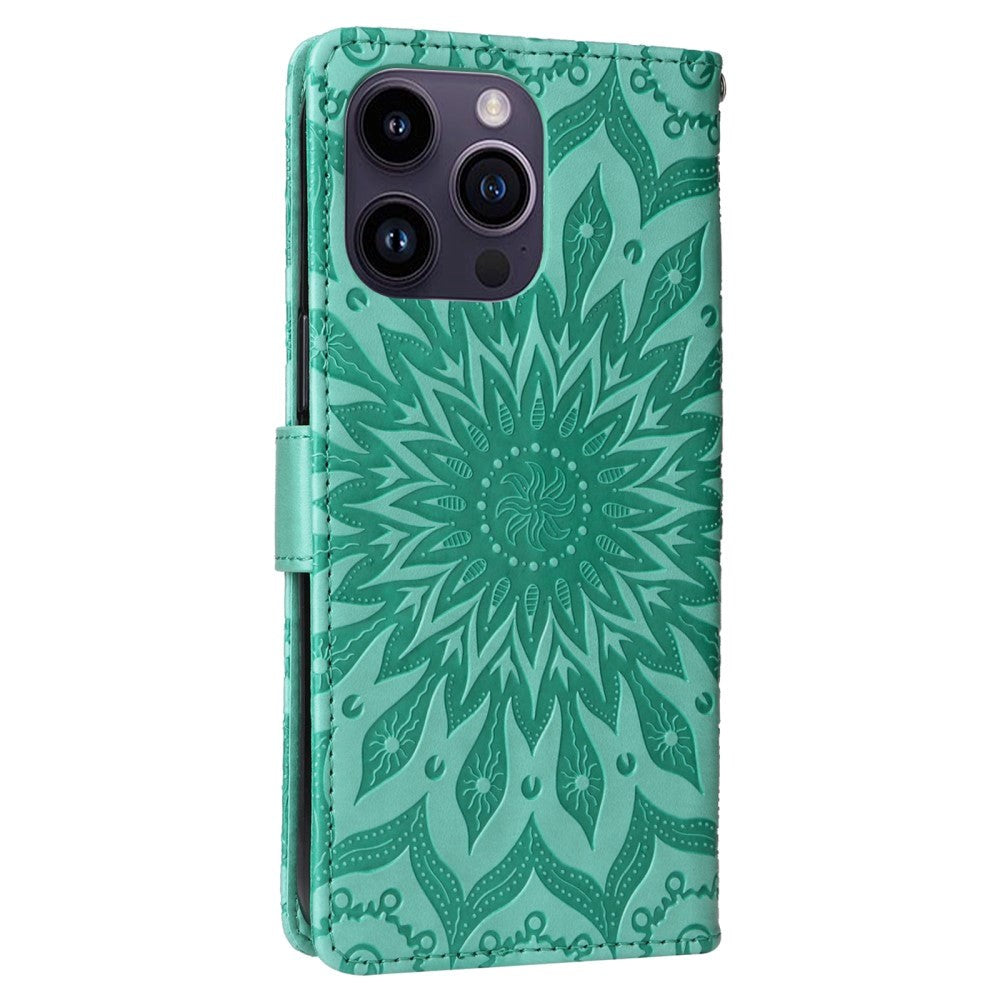 iPhone 15 Pro Max Læder Mobil Cover m. Pung og Strop - Mandala Blomst - Grøn