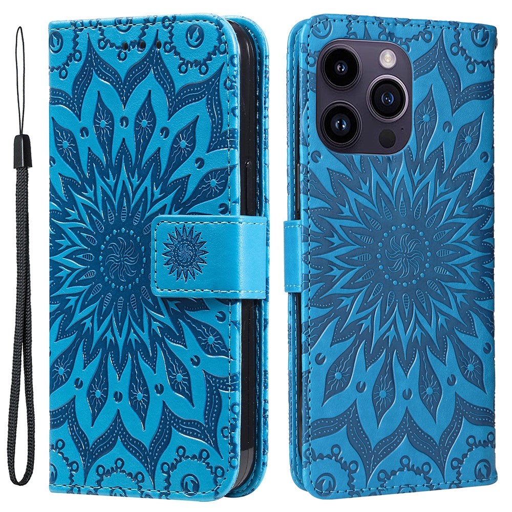 iPhone 15 Pro Max Læder Mobil Cover m. Pung og Strop - Mandala Blomst - Blå