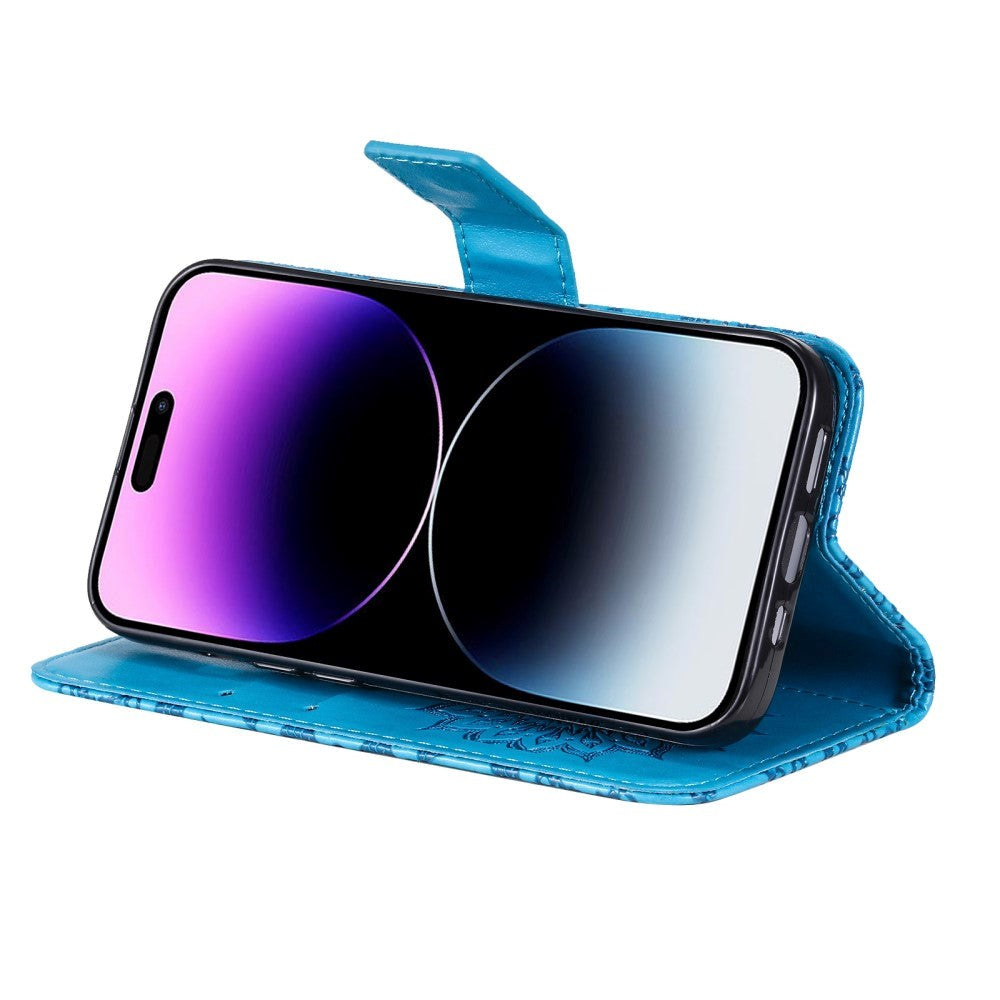 iPhone 15 Pro Max Læder Mobil Cover m. Pung og Strop - Mandala Blomst - Blå