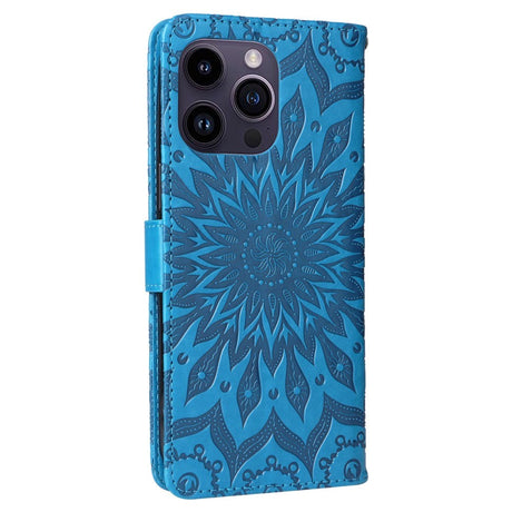 iPhone 15 Pro Max Læder Mobil Cover m. Pung og Strop - Mandala Blomst - Blå