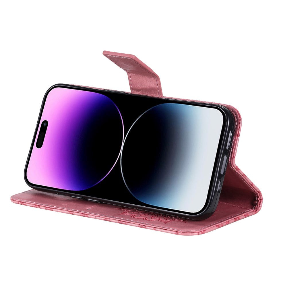 iPhone 15 Pro Max Læder Mobil Cover m. Pung og Strop - Mandala Blomst - Lyserød