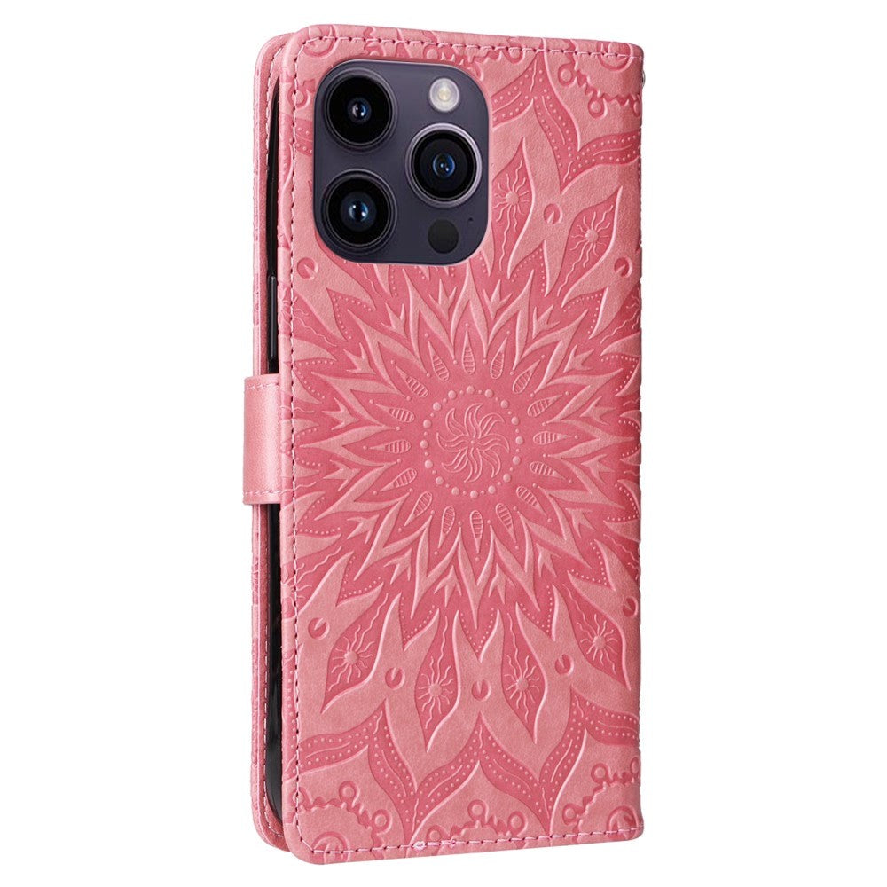 iPhone 15 Pro Max Læder Mobil Cover m. Pung og Strop - Mandala Blomst - Lyserød