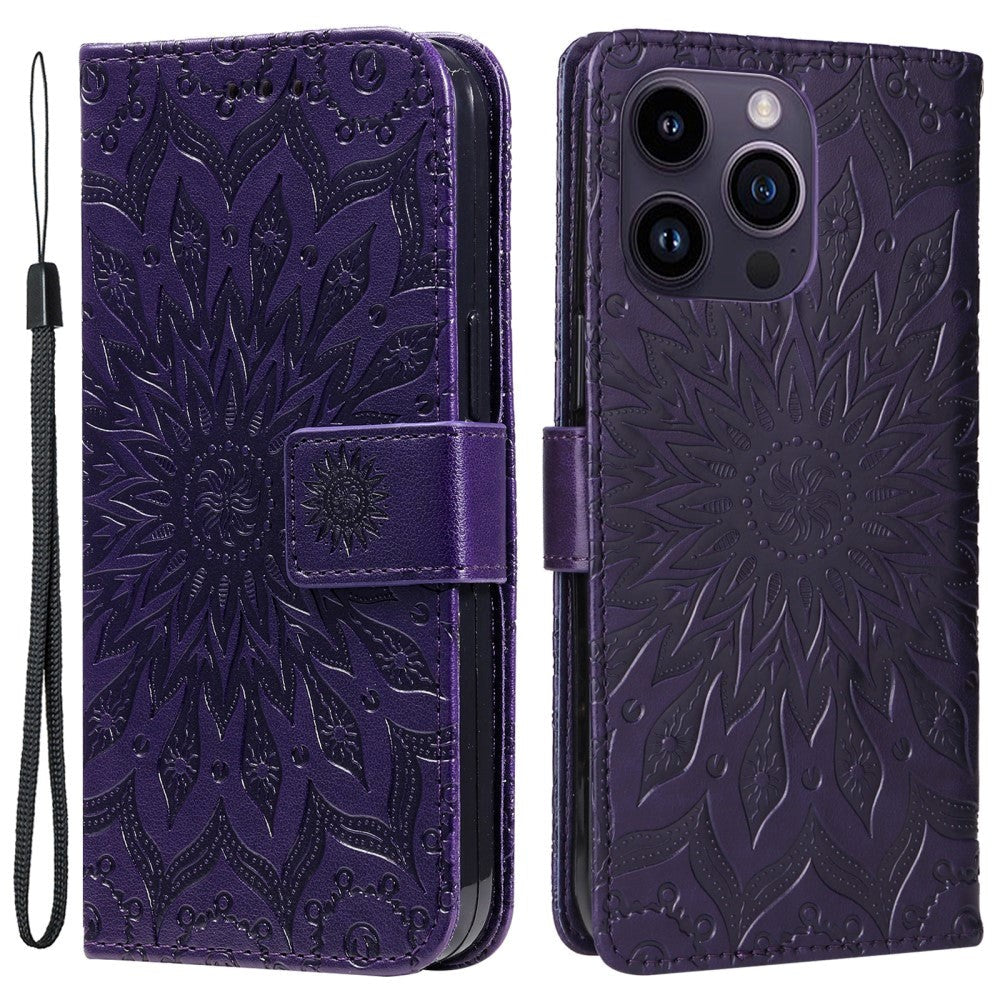iPhone 15 Pro Max Læder Mobil Cover m. Pung og Strop - Mandala Blomst - Lilla