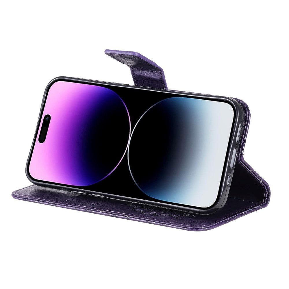 iPhone 15 Pro Max Læder Mobil Cover m. Pung og Strop - Mandala Blomst - Lilla